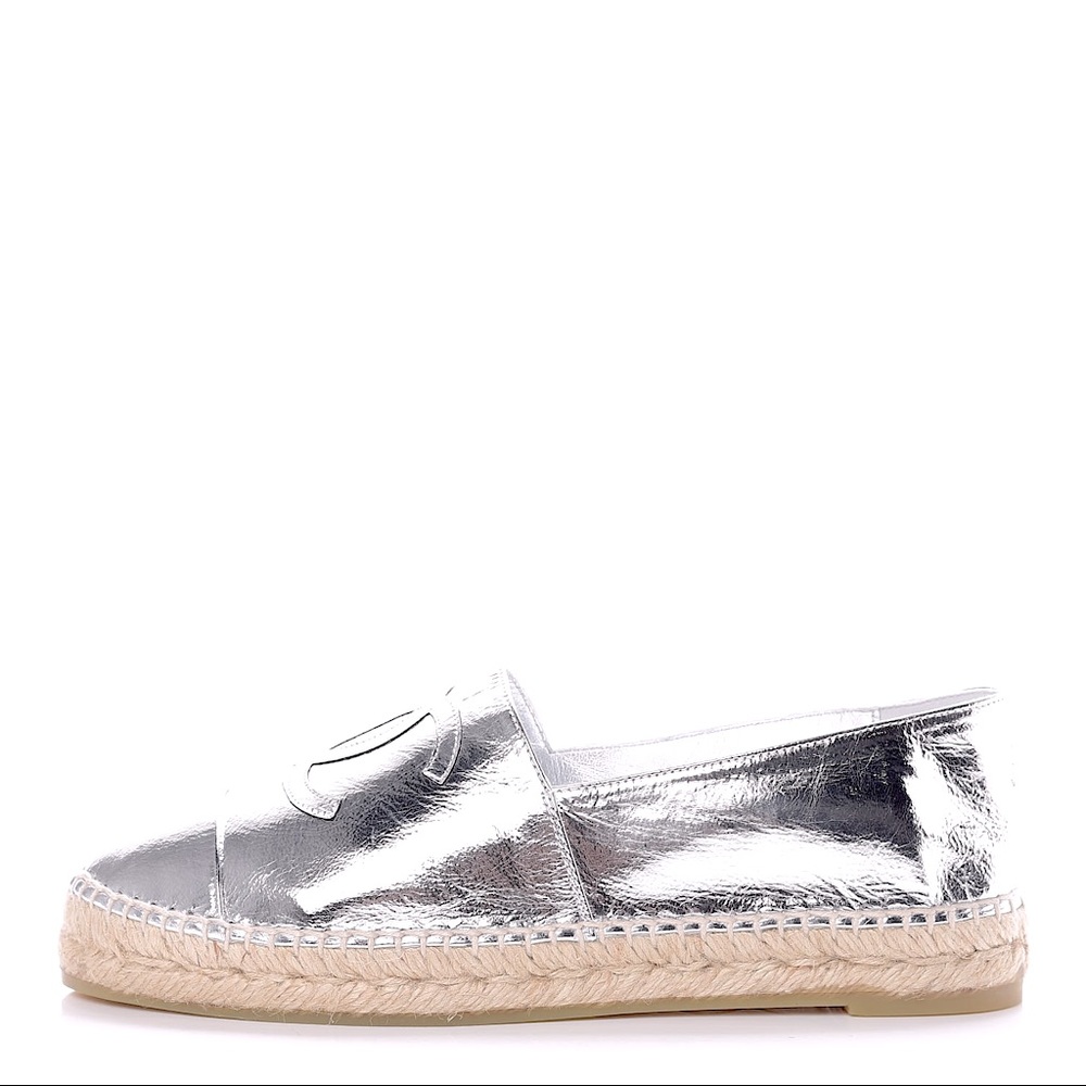CHANEL Laminated Goatskin CC Espadrilles 37 Silver